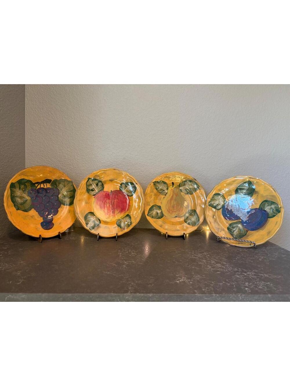 Arte Italica Handpainted 8" Fruit Dessert Plates Plum Pear Grape Set Made Italy